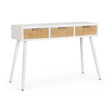 Consola Charley, Bizzotto, 110 x 40 x 78 cm, MDF/paulownia/pin/otel, alb/natural