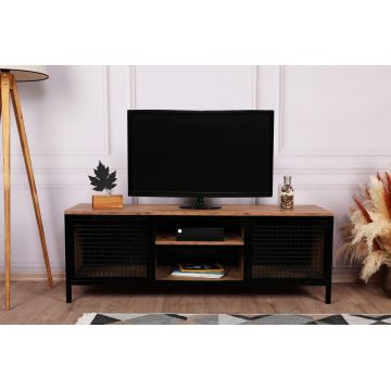 Comoda Tv Zeno usa metalica si rafturi, Stejar, 150 x 47 x 40 cm