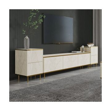 Ansamblu TV Imaj, 260x35x45.2 cm - Pal Melaminat, Travertin/Auriu