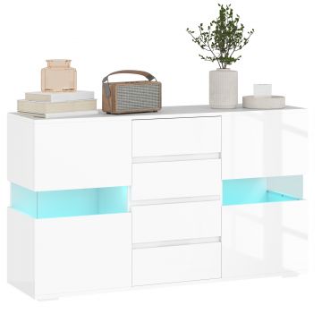 HOMCOM Bufet cu Lumini LED Reglabile prin Telecomandă, Mobilier de Sufragerie cu 4 Sertare și 2 Dulapuri, 120x34x70 cm, Alb | Aosom Romania