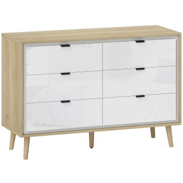 HOMCOM Comodă cu 6 Sertare din Lemn 110x40x75 cm Alb Lucios și Stejar | Aosom Romania HOMCOM Comodă cu 6 Sertare din Lemn 110x40x75 cm Alb Lucios și Stejar | Aosom Romania